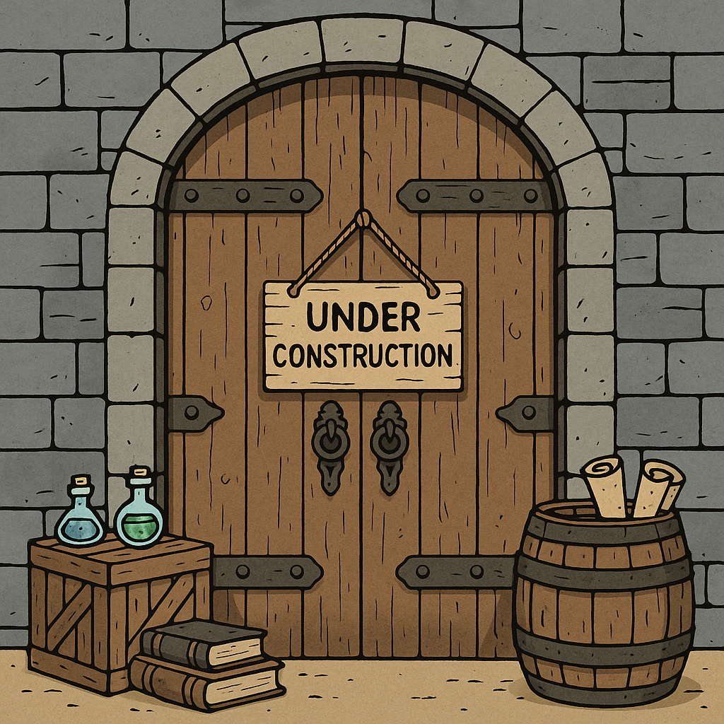 Wooden double doors set in a stone wall with a hanging sign that reads ‘Under Construction’; crates with potions and tomes on the left and a barrel with rolled parchments on the right.